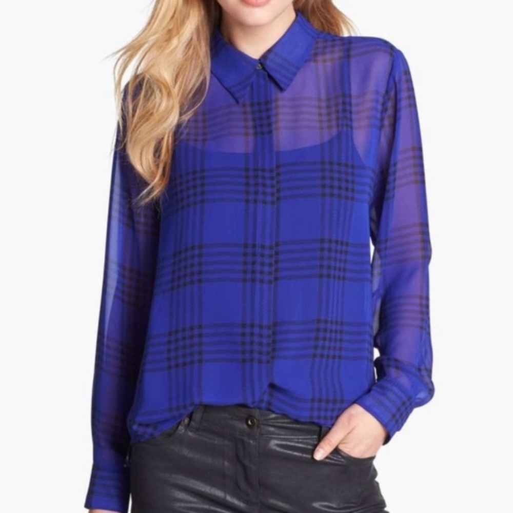 Vince Camuto Sheer Plaid Button Up Blouse